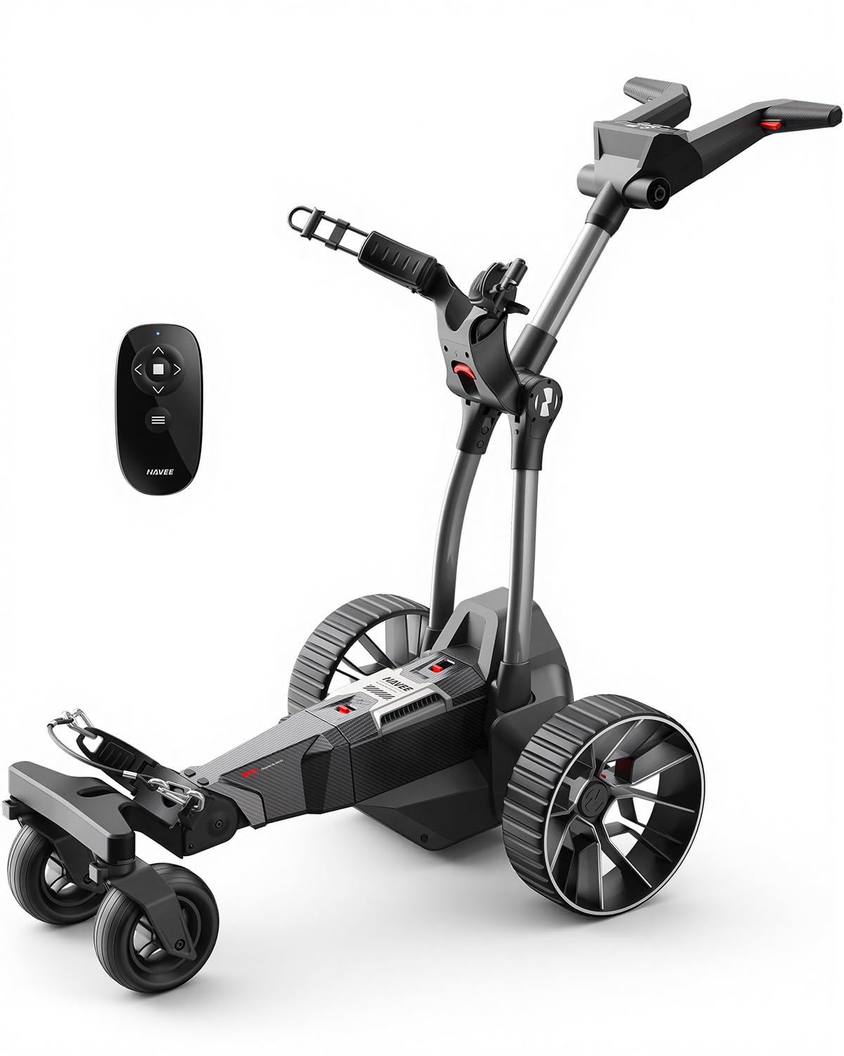 NAVEE Birdie 3 Série Chariot de Golf Électrique Télécommandé - Suivi Automatique Follow-Me UWB, App, Autonomie 36 Trous, Double Moteur 240W*2, Pliage 0,15m³, 4+1 Roues Tout-Terrain, Écran HD LED