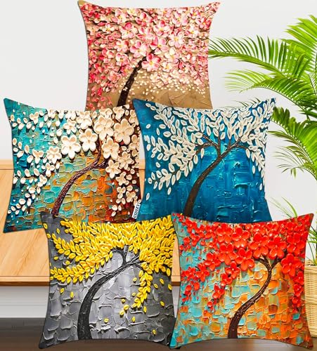 Image of CIDIZY Jute Tree Small Cushion Covers, 12x12 Inch or 30cm x 30cm, Multicolour, Set of 5