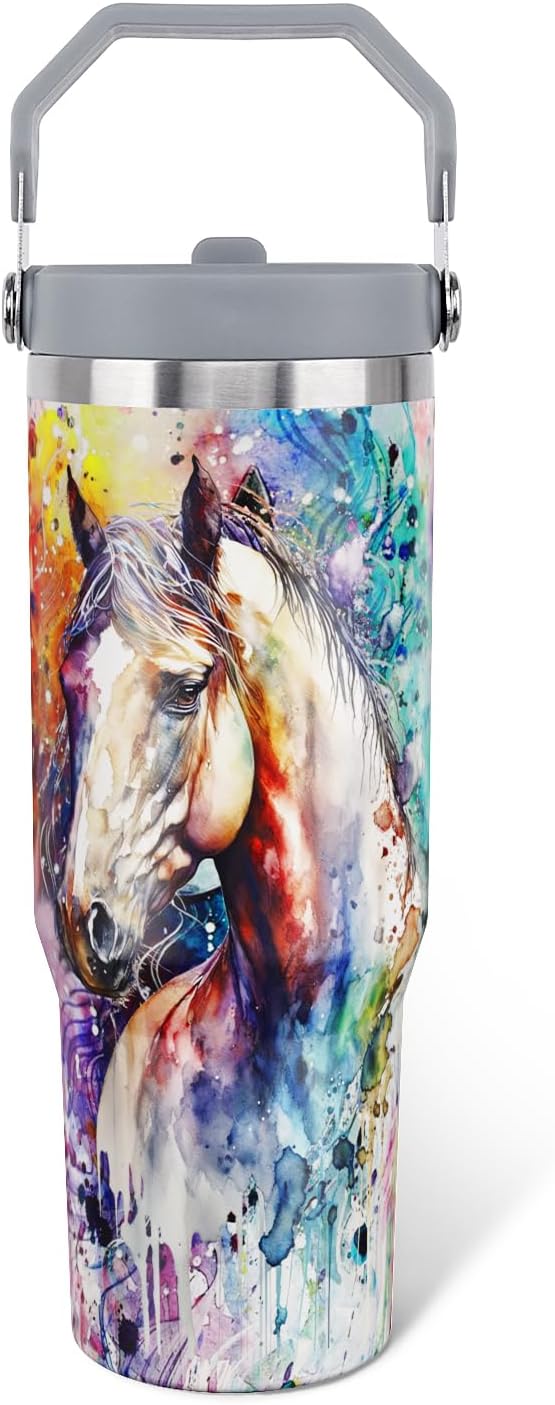 Horse Stuff Gifts for Women Girls, 30oz Horse Tumbler with Handle, Gift for Men Lovers, Stainless Steel Insulated Water Bottle Tie Dye Cup Mug