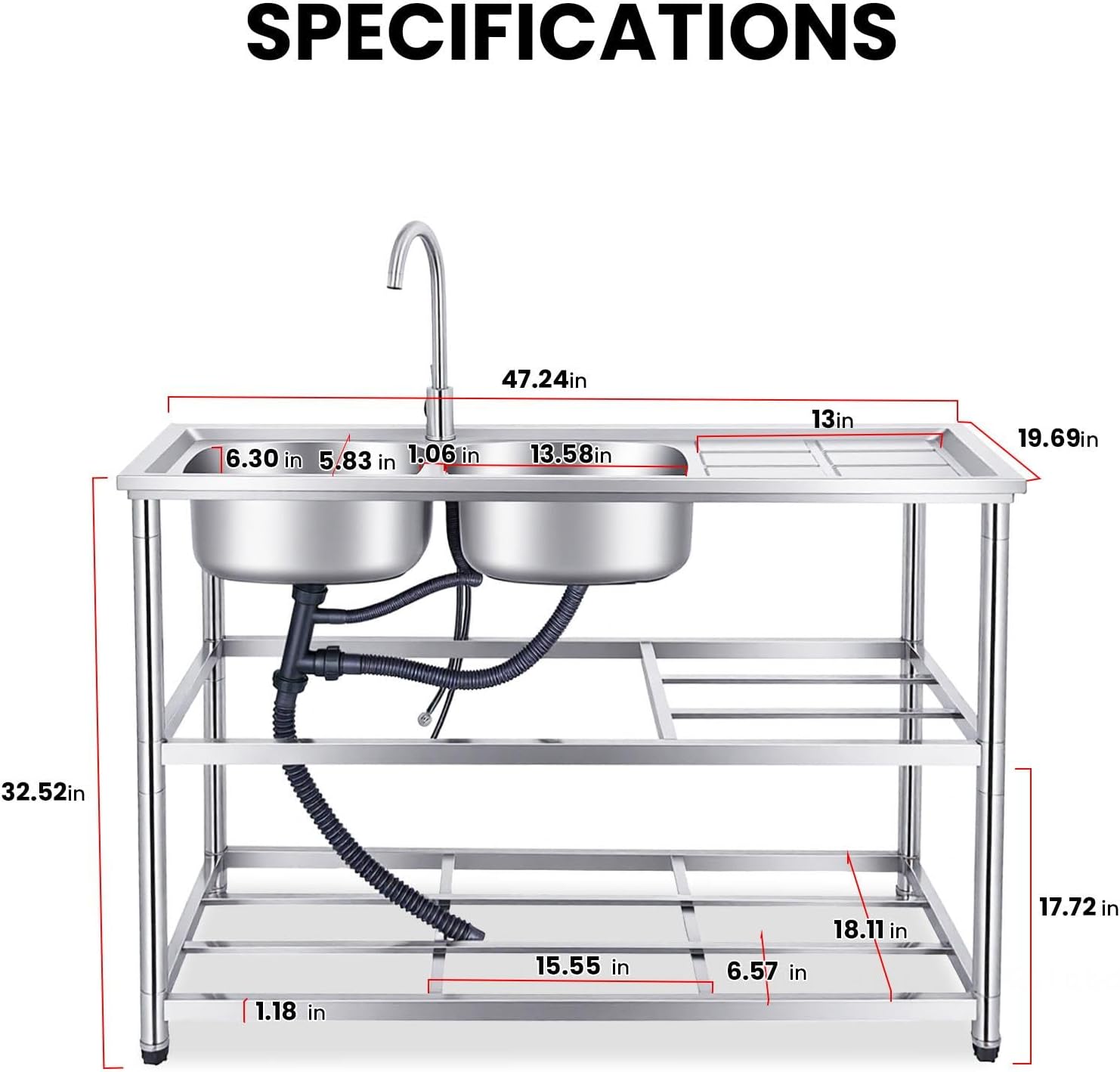 304 Stainless Steel Prep & Utility Sink Free Standing Outdoor Sink, Dual Bowl Commercial Kitchen Sink 2 Compartment for Restaurant, Kitchen, Outdoor (US Stock)