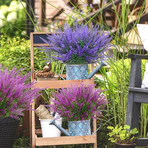 DEMIUKO 10 Bundles Artificial Lavender Fake Flowers Faux Plastic Plants UV Resistant Purple Flowers Artificial Plants for Home Wedding Table Centerpieces Indoor Outdoor Decor (Purp image 4
