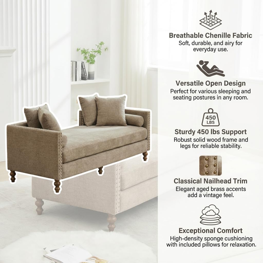 75.2'' W Oversized Chaise Lounge Daybed Sofa End of Bed Bench - Breathable Chenille Fabric, Sturdy 450LBS Support, High-Density Sponge for Bedroom, Living Room, Dressing Room (Taupe)
