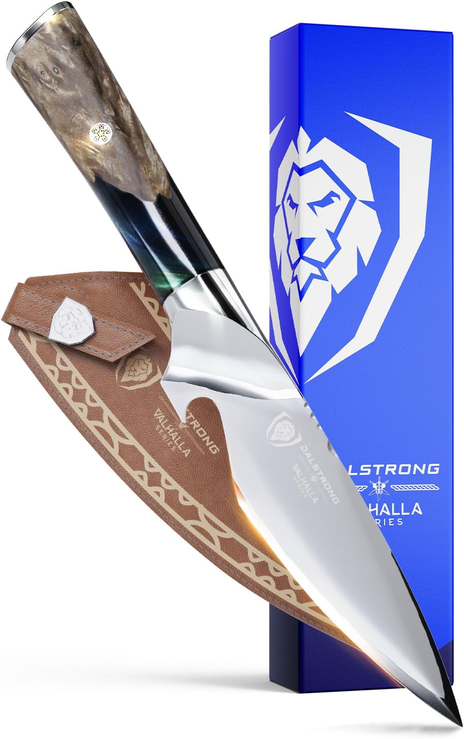 BBQ Piranha Knife - 6 inch - Valhalla Series - 9CR18MOV HC Steel - Celestial Resin & Wood Handle Gift Knife - Built-in Bottle Opener - Meat Cutting, Carving, Bone, Trimming - Leather Sheath