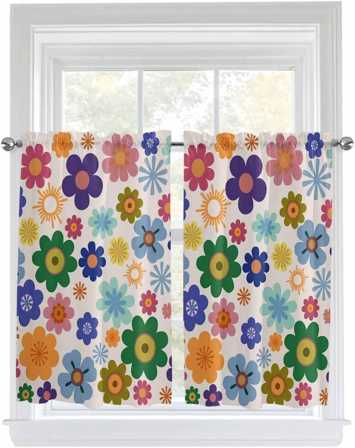 Retro Bohemia Floral Kitchen Curtain 54 Inch Length Small Short Cafe Tiers Curtains Drape, Blue Purple Flowers Boho Style Beige Window Treatment Rod Pocket Drapery Panels Curtains, 84x54