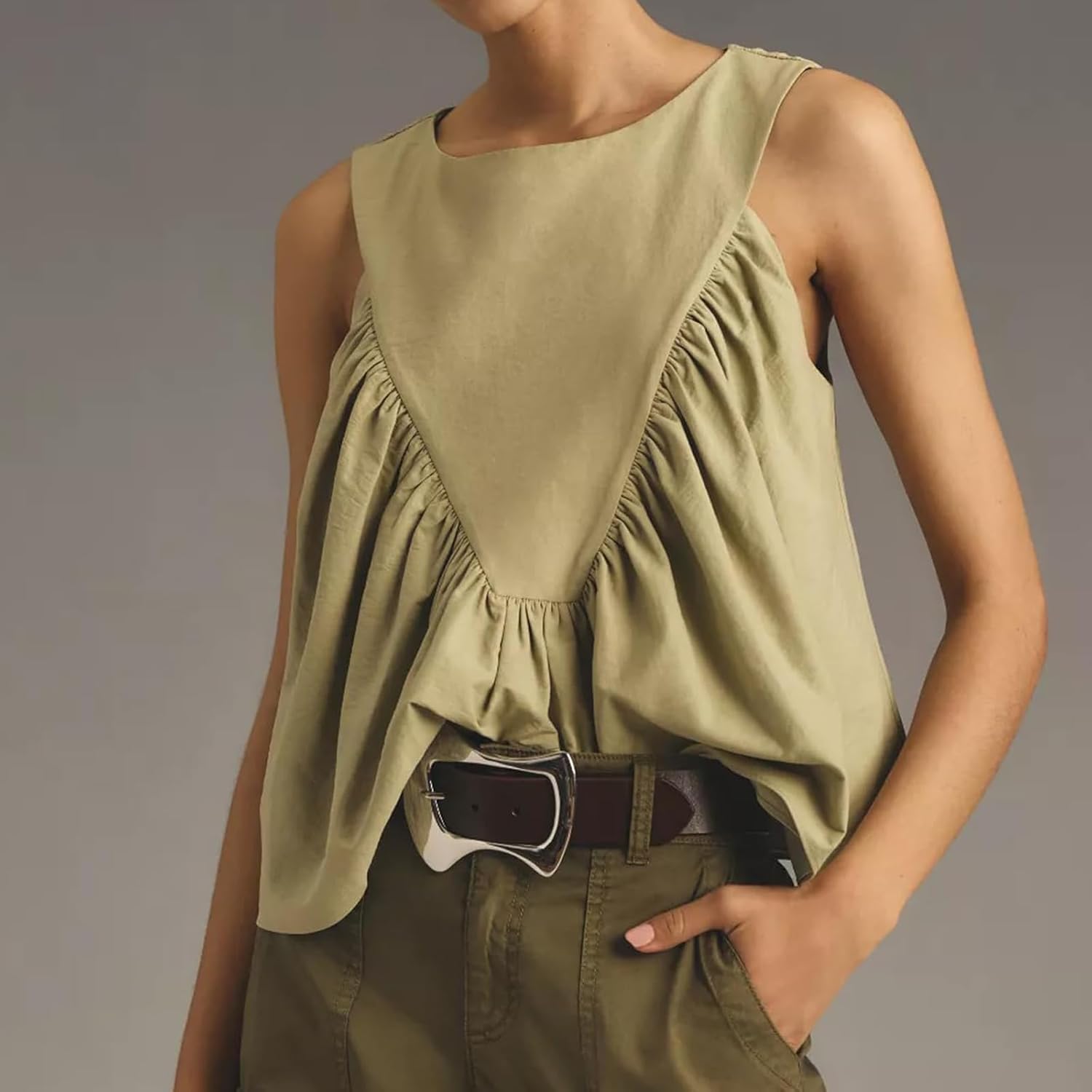 WOWULOVELY Womens Shirred Swing Tank Tops Peplum Babydoll Top Pleated Flowy Sleeveless Vest Loose Ruffled Casual T-Shirts - Image 2