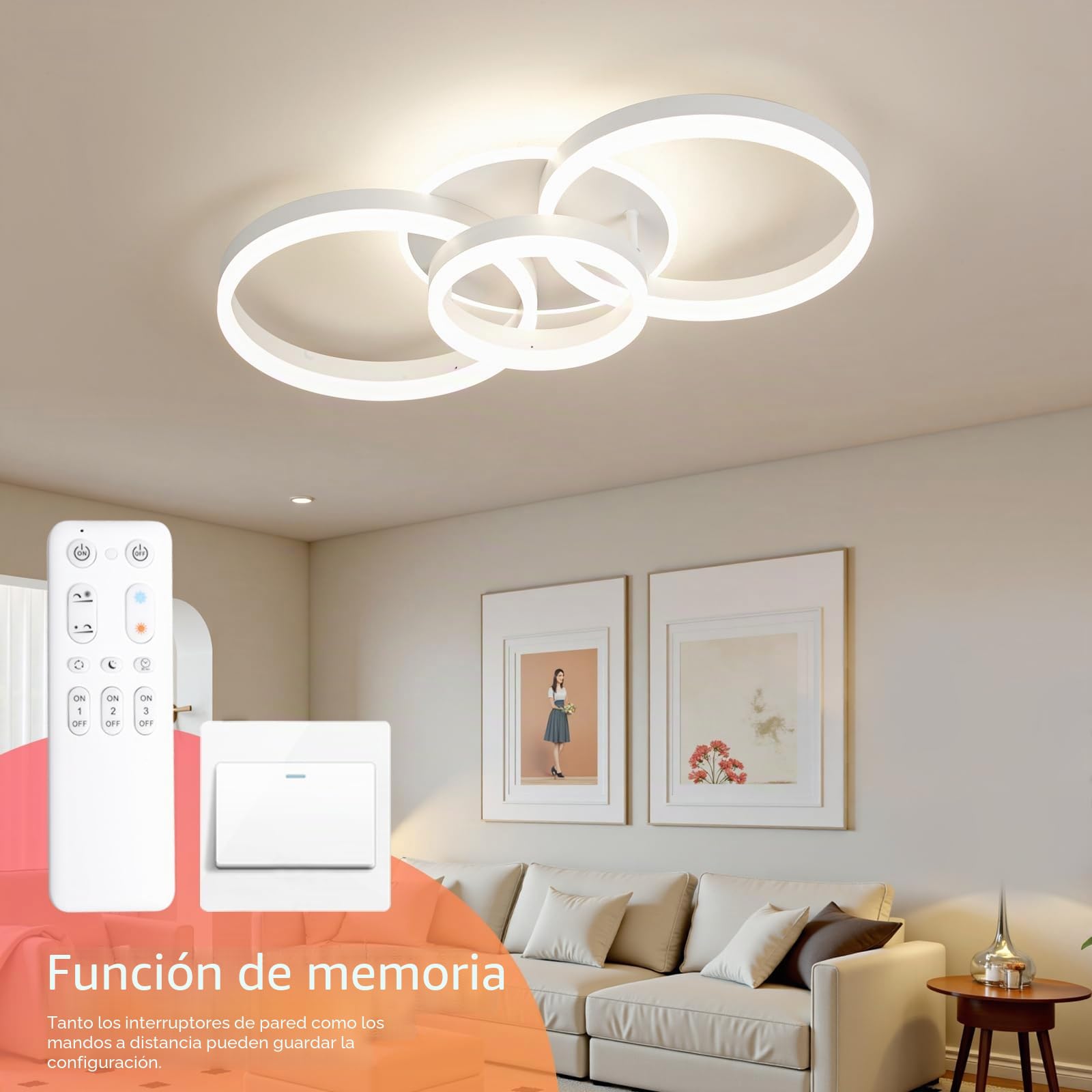 Lámpara de techo regulable con mando a distancia, 65 cm, 50 W, diseño moderno de 3 anillos, lámpara de techo LED para salón, dormitorio, cocina, luz nocturna, función de memoria, color blanco
