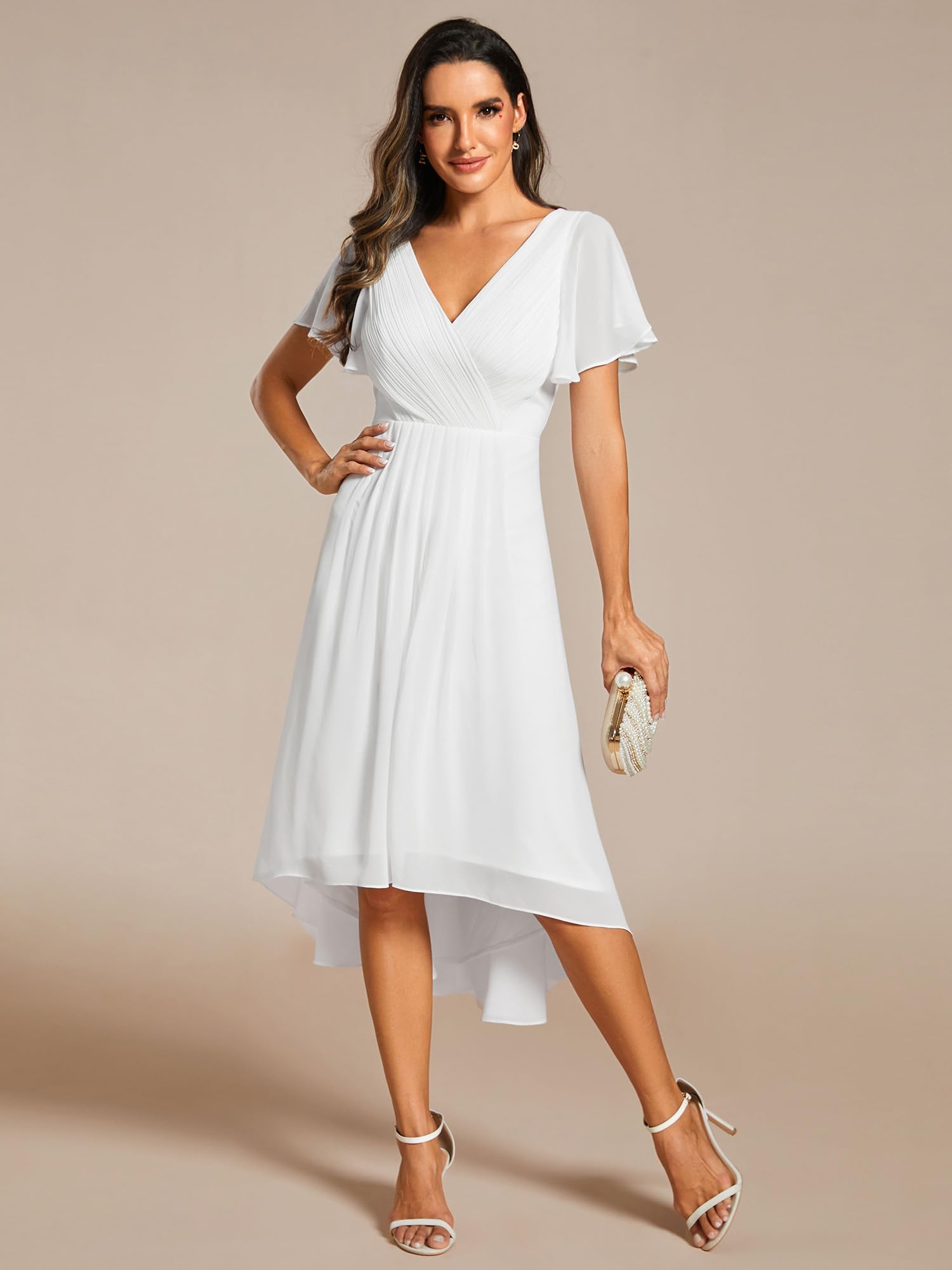 Ever-Pretty Robe de Soirée High Low Col V Robe D'Invité Manches Courtes A Line Blanc42