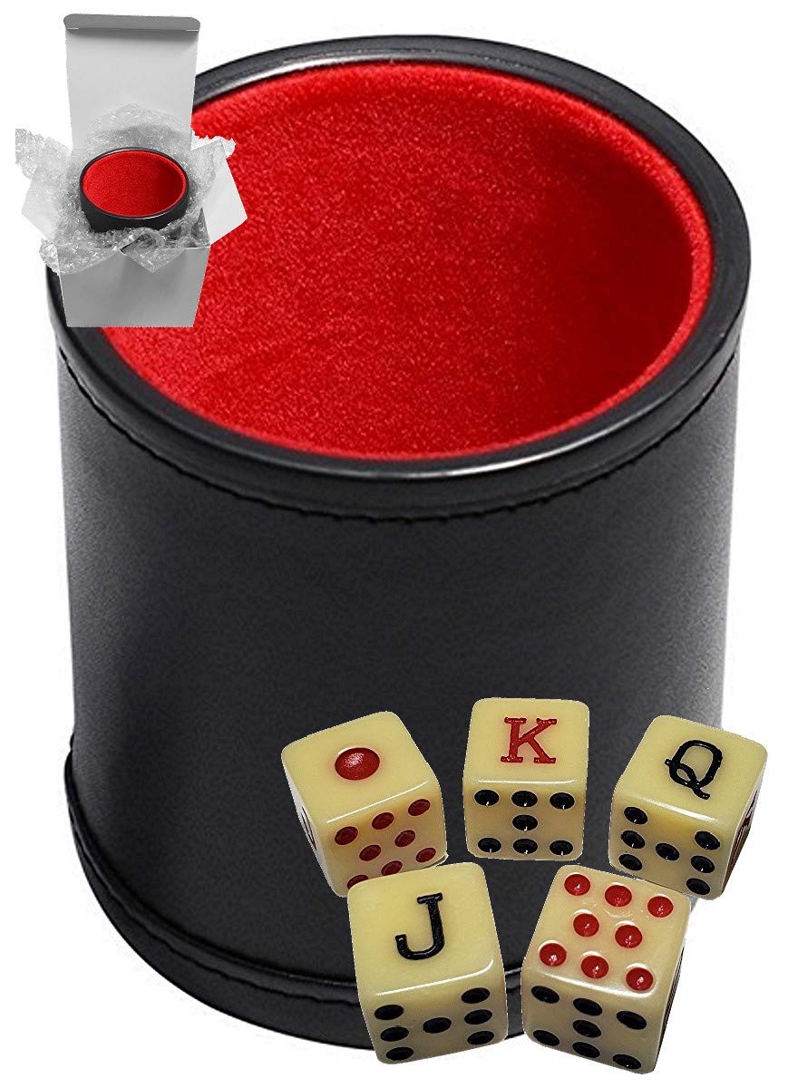 Cyber-Deals Set of Dice Cup Black PU Leather w/Plush Red Felt Lined + Spanish Poker Dice Bone Tone (Gift Boxed)