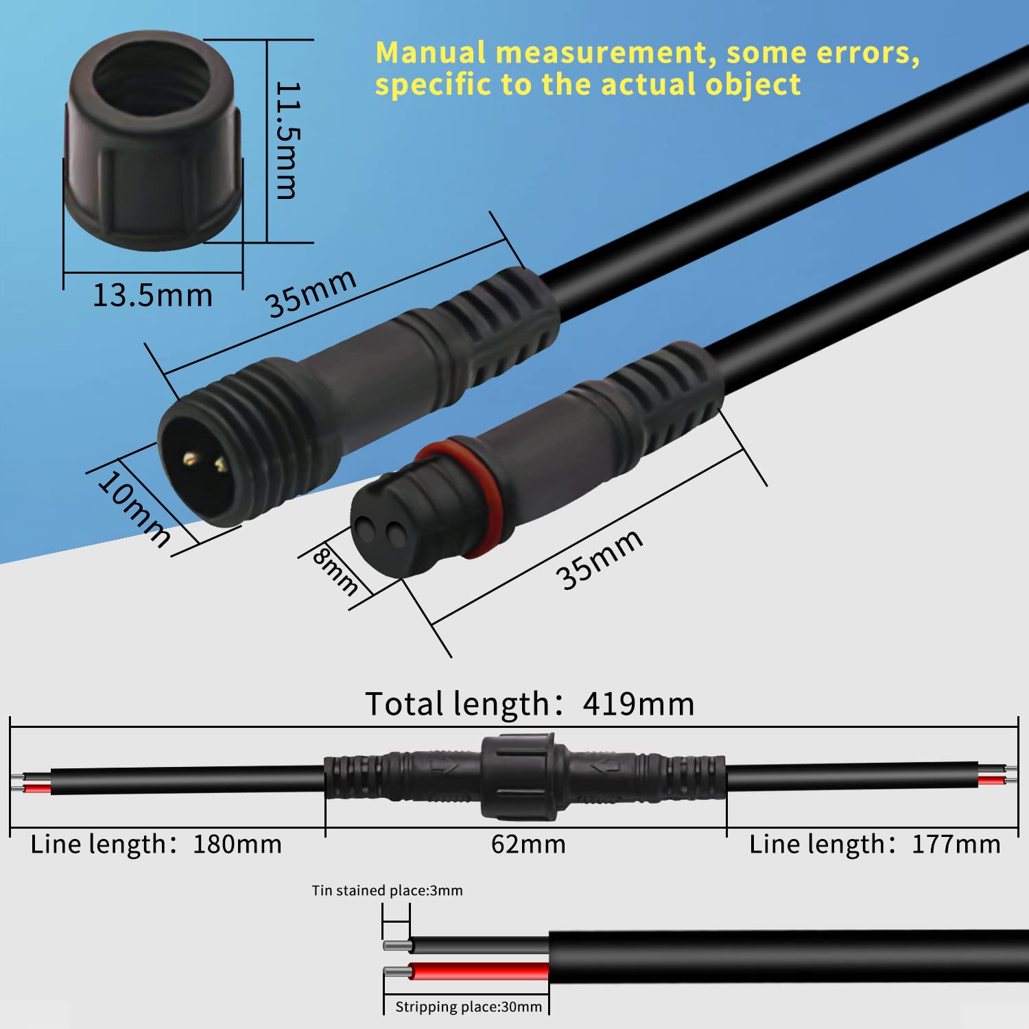 6 Pairs 2 Pin 2 Core Male Female Plug LED Connector Waterproof IP65 Connectors with 20cm for Indoor/Outdoor LED Strip Lights