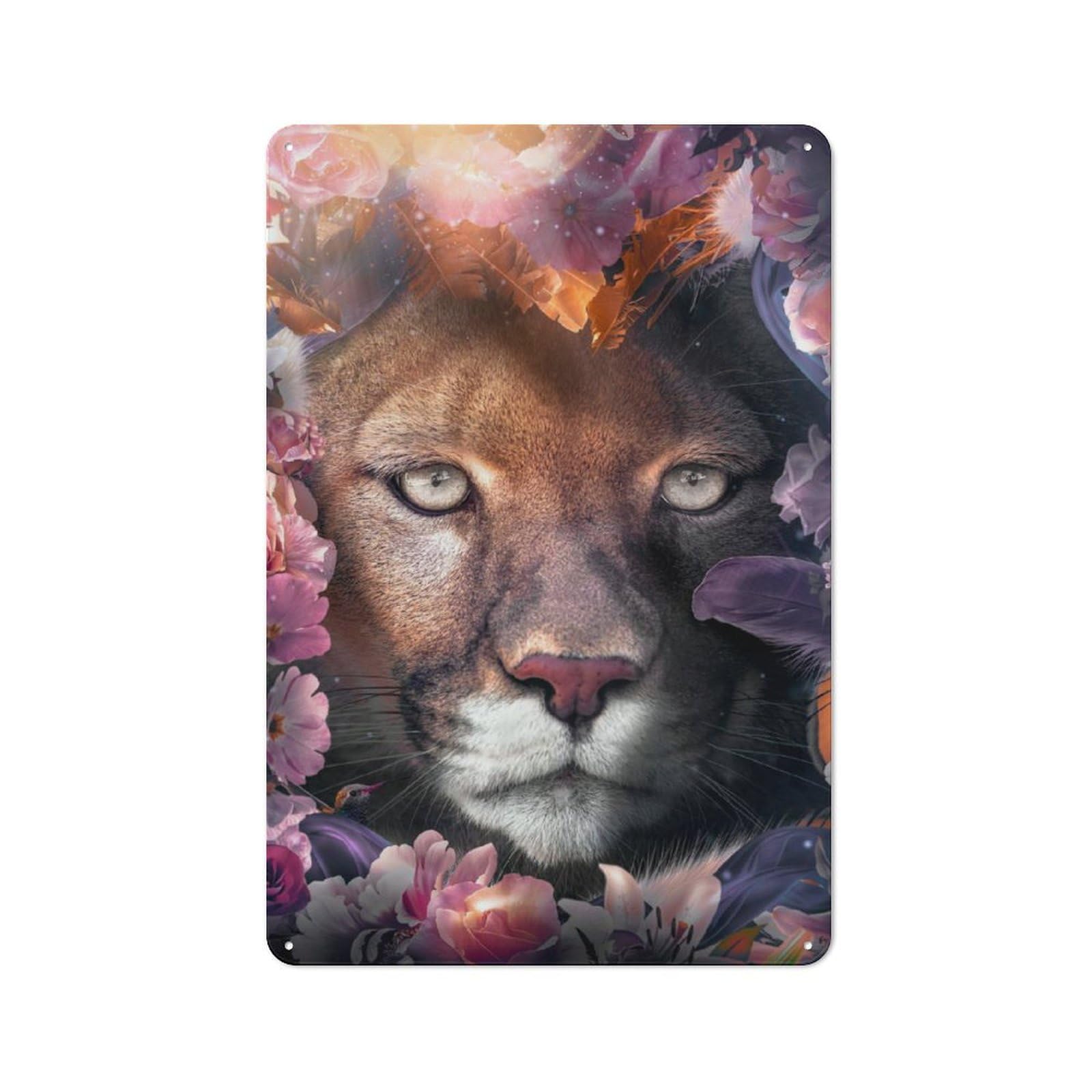 Junmoney Floral Cougar Vintage Tin Sign 30X20cm For Garden Room Or Summerhouse, For A Newly Organised Room And Metal Sign Display