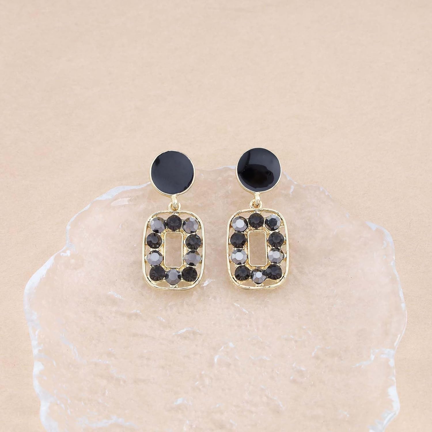 Andelaisi Boho Crystal Square Dangle Earrings Vintage Black Resin Circle Stud Earrings Gold Hollow Square Drop Earrings CZ Geometric Square Earrings Jewelry for Women - Image 3