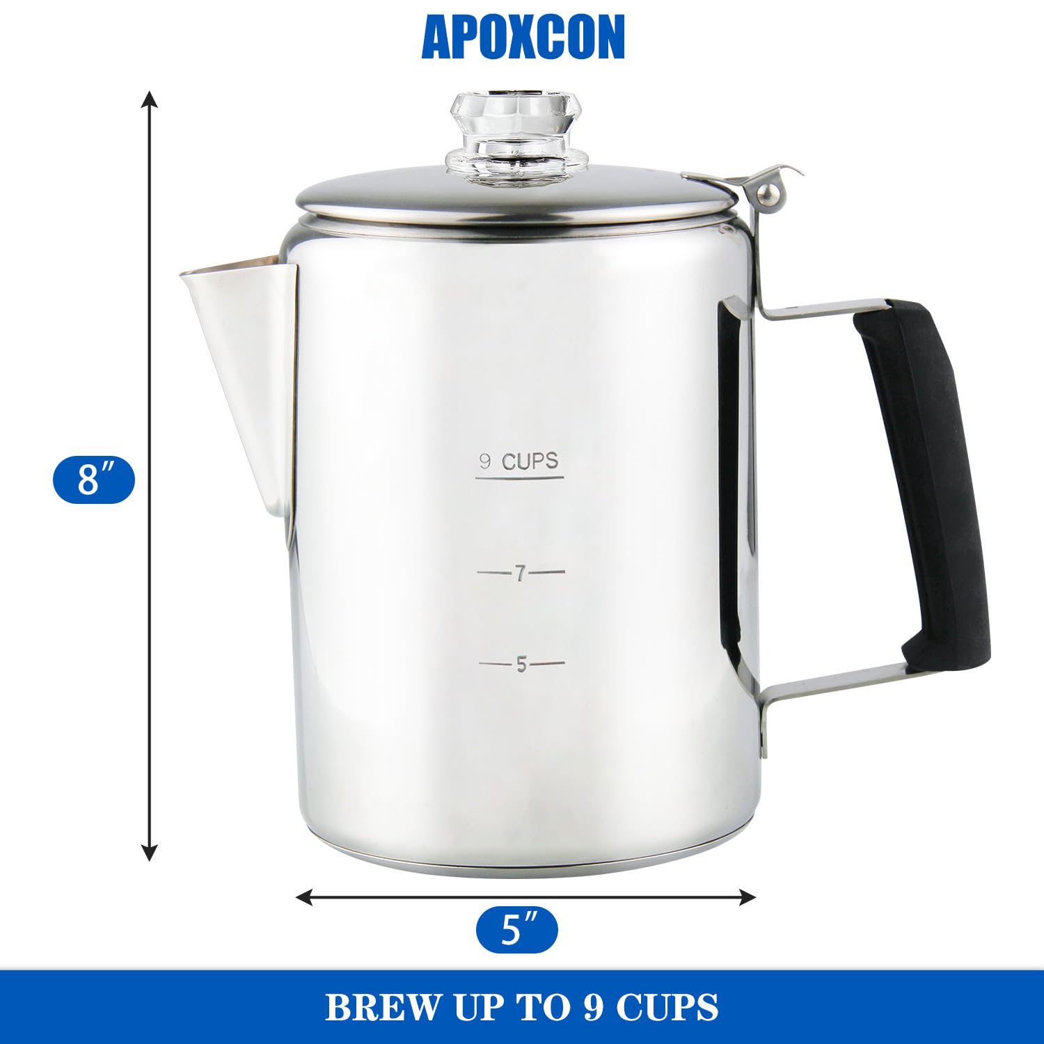 APOXCON Edelstahl-Kaffeemaschine mit hitzebeständigem, robustem Glasdeckel und Silikagriff, Camping-Kaffeekanne für Lagerfeuer – 9 Tassen