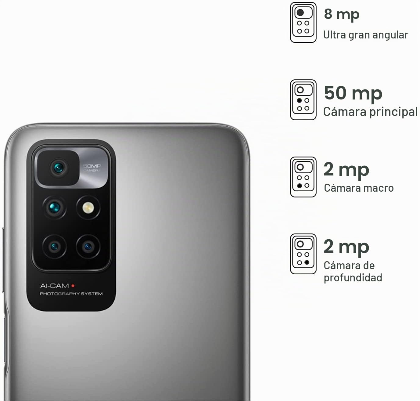 Xiaomi Redmi 10 Smartphone,4GB RAM+64GB ROM, 6.5 "FHD + DotDisplay, MediaTek Helio G88 Octa-Core, cámara cuádruple AI de 50MP y cámara Frontal de 8MP (4GB+64GB,Gris)