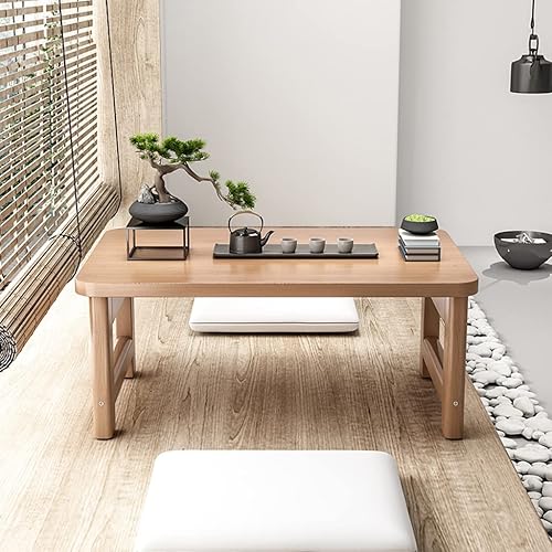 Miniatura 4 de GUINJO Mesa de centro plegable rústica, mesa central de bambú para sala de estar, mesa de té de madera maciza de granja industrial (color madera,