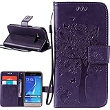 J1 2016 Case, Galaxy Amp 2 Case, Galaxy Express 3 Case, Harryshell(TM) Cave Tree Cat Wallet Flip Leather Case Cover with Card Slot & Wrist Strap for Samsung Galaxy J1 2016 / Amp 2 / Express 3 Purple