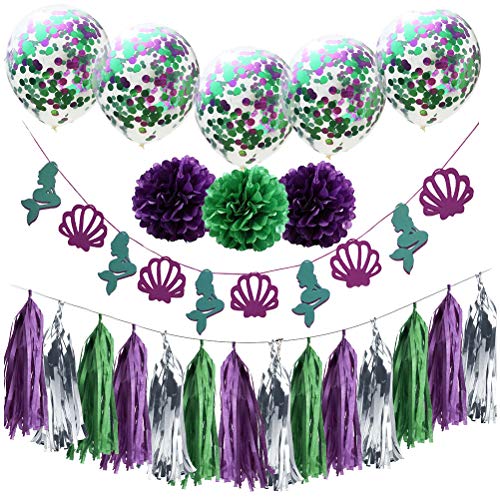 Banner com tema de sereia, balões de látex de papel, borlas de flores, linda faixa de aniversário pa