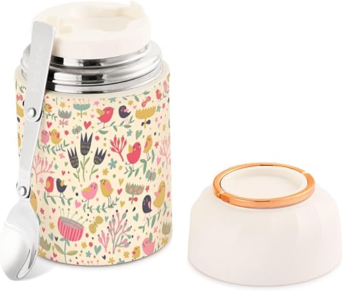 Bird Flower Food Jar with Spoon Stainless Steel Vacuum Insulated Food Container 17 oz Soup Thermos for Adults