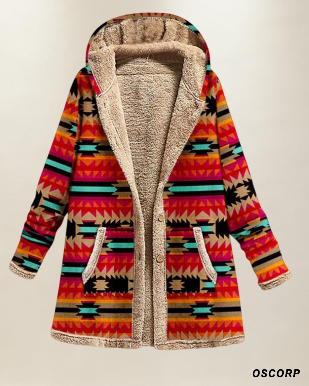 OSCORP Women's Winter Vintage Fleece Lined Patchwork Hooded Jacket Plus SizeSherpa Linen Button Up Long Warm Coat - Image 2