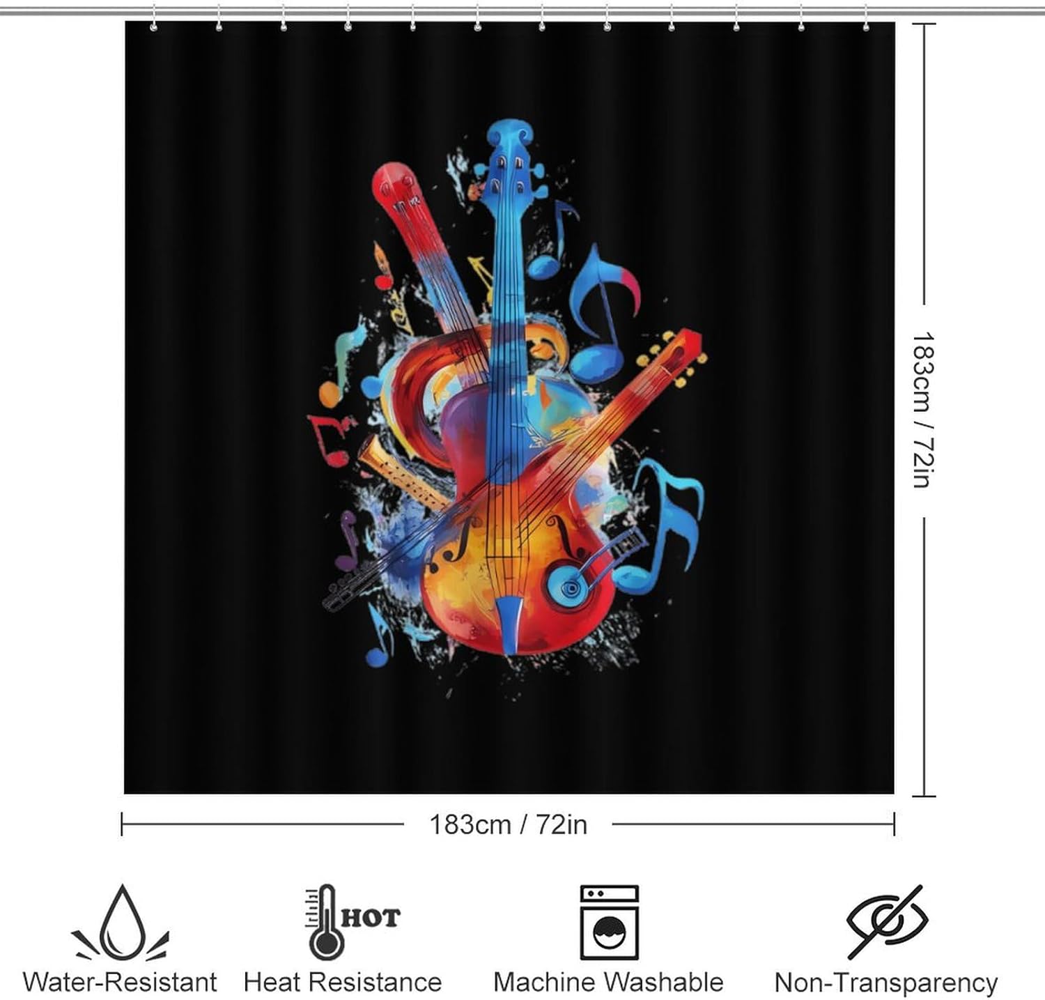 Musical Notes Violin Instruments Modern Bathroom Sets with Shower Curtain and Rugs Decor 4 Pcs with 12 Hooks