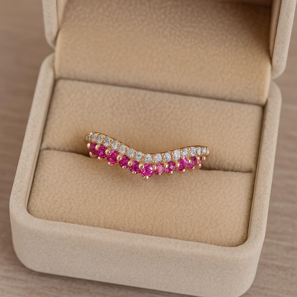 Ruby Diamond V Shaped Enhancer Band for Women 14k Rose Gold Dainty Stacking Ring Curved Wedding Band Anniversary Jewelry Gift for Wife - Image 9