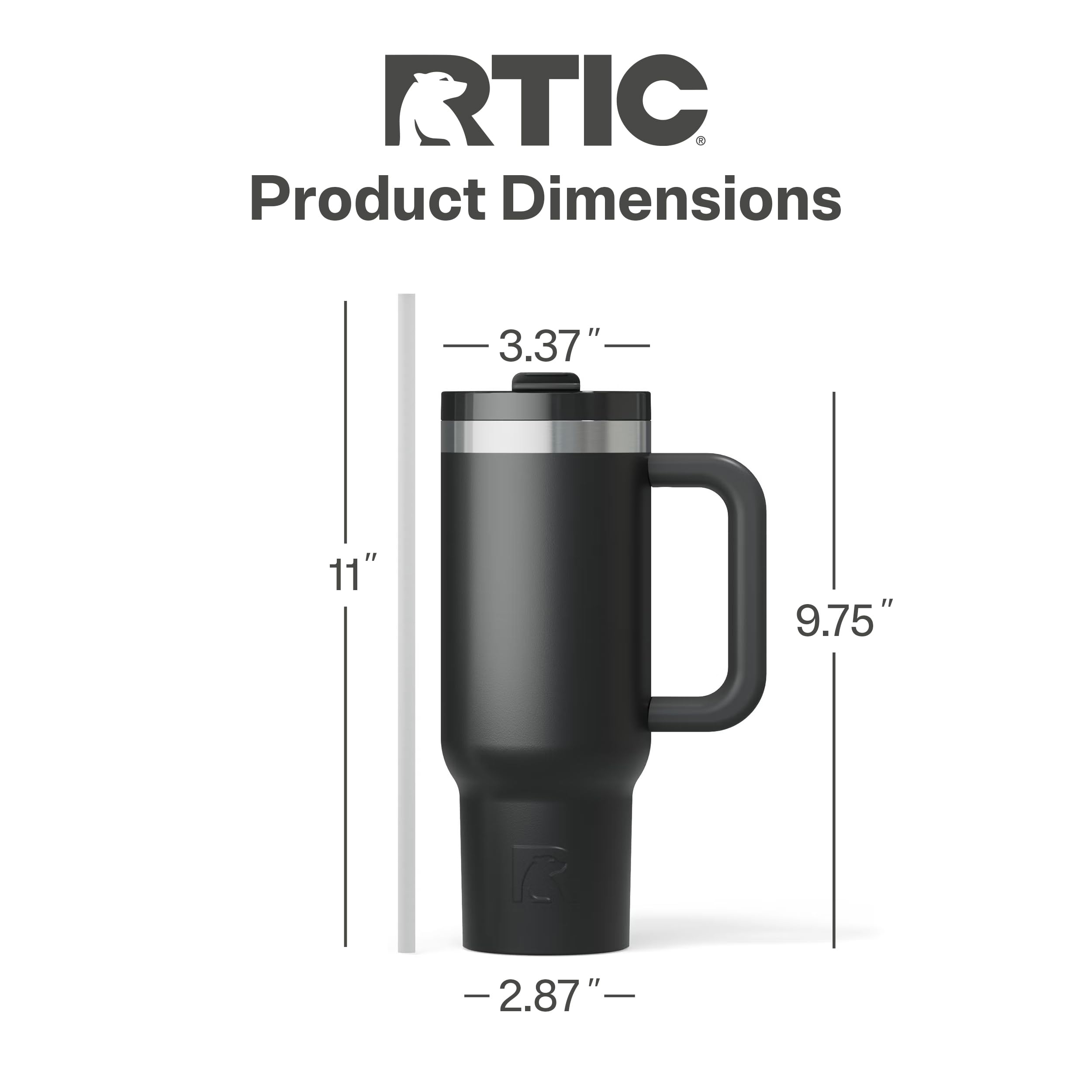 RTIC Road Trip Trinkbecher, doppelwandig, mit Keramikfutter, isoliert, Edelstahl, tragbar, Reise-Kaffeetasse mit Deckel, Griff und Strohhalm, Schwarz