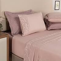 Jogo de Lençol 4 peças Percal 300 Fios Fronhas Bordado Elegante Luxo Cama Posta Minimalista Atemporal (Rose, Queen)