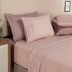 Jogo de Lençol 4 peças Percal 300 Fios Fronhas Bordado Elegante Luxo Cama Posta Minimalista Atemporal (Rose, Casal)