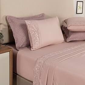Jogo de Lençol 4 peças Percal 300 Fios Fronhas Bordado Elegante Luxo Cama Posta Minimalista Atemporal (Rose, Queen)