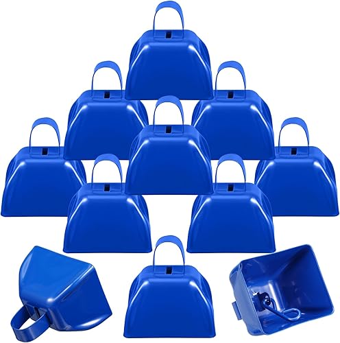 Therwen Paquete de 12 campanas de metal para hacer ruido de vaca, con asa de 3 pulgadas, campanas de percusión de mano a granel para eventos