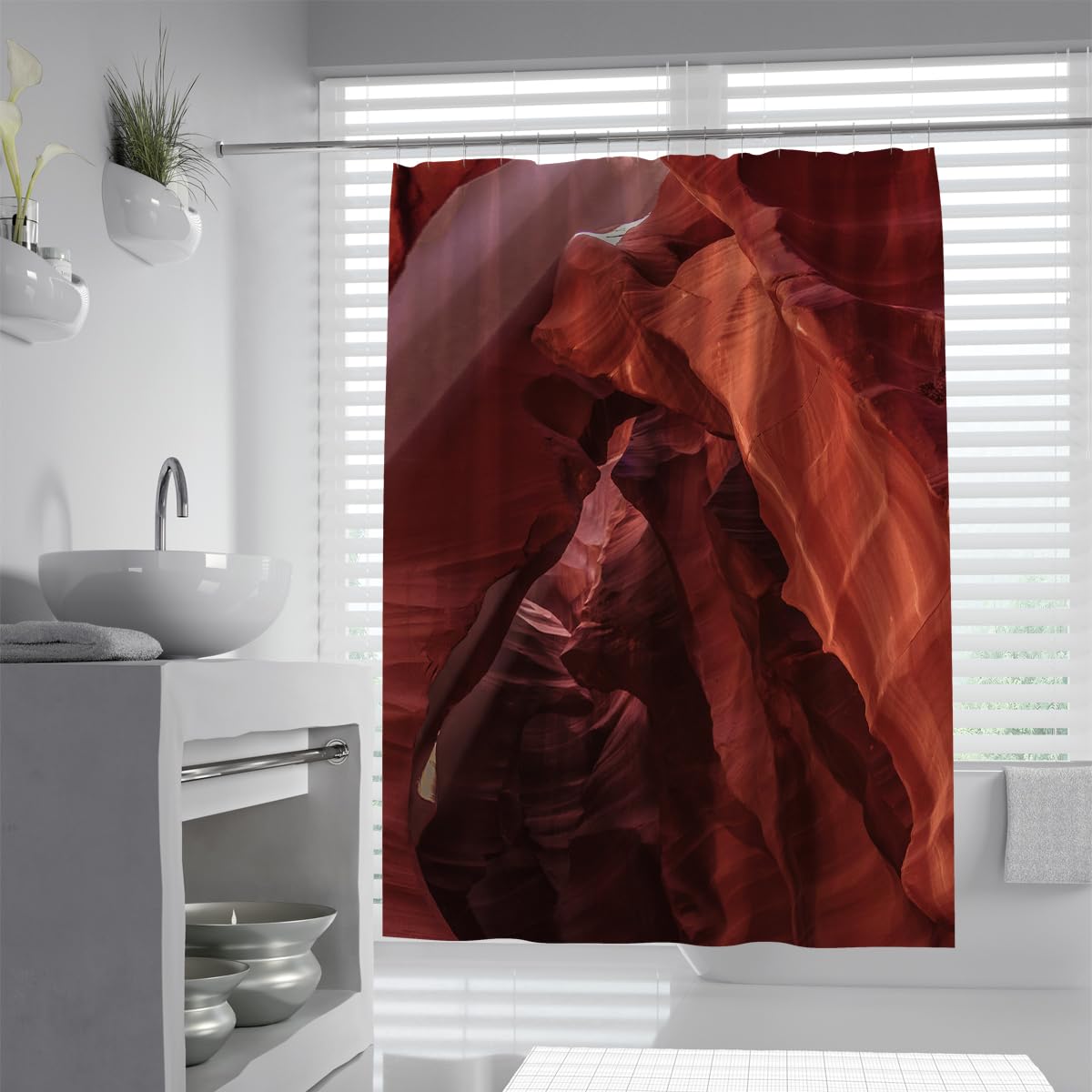 UIRINGART Natural Scenery Shower Curtains W180xL200cm Red Terracotta Desert Valley Gorge Layered Pattern with Rustproof Grommets Home Hotel Bathroom Decor Set