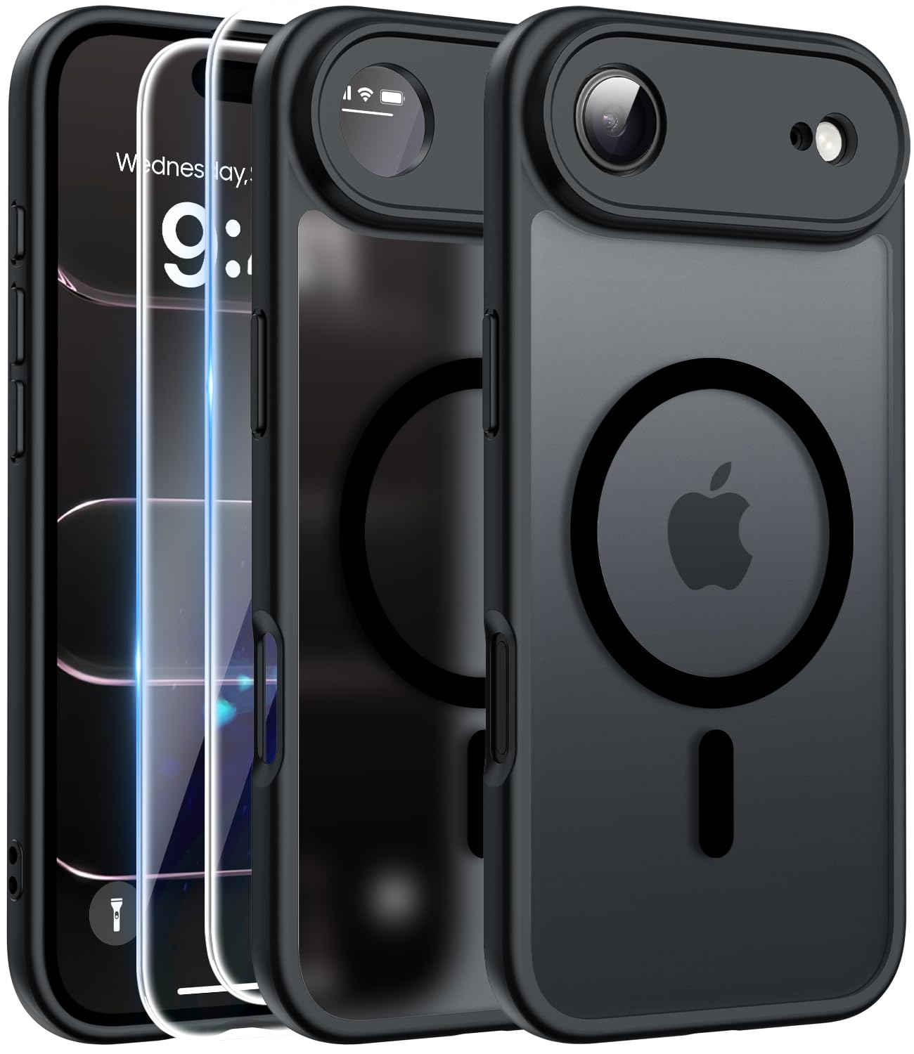 FLLAO Magnetica Cover per iPhone Air e 2 Pellicole in Vetro Temperato, Custodia iPhone Air Compatibile con Magsafe, Traslucida Opaca Posteriore Sottile Antiurto Protettiva Case, Nero