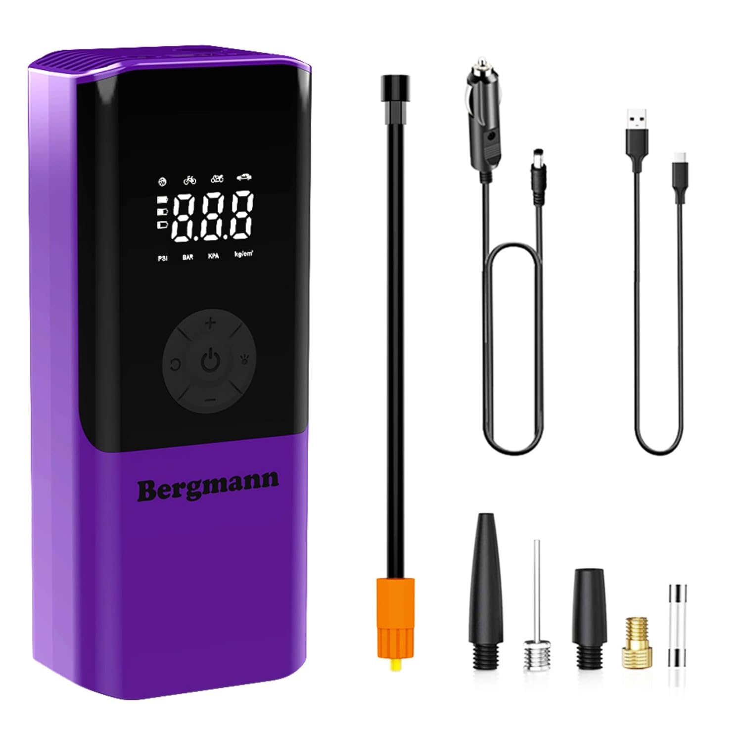 Bergmann VoltAir Cordless + Corded 2in1 Portable Tyre Inflator | 150 psi | 6000mAH Large Battery | LED Display | Type-C Port | for Cars, Bikes, Toys & Bicycles | Luxury Purple Bergmann VoltAir Cordless + Corded 2in1 Portable Tyre Inflator | 150 psi | 6000mAH Large Battery | LED Display | Type-C Port | for Cars, Bikes, Toys & Bicycles | Luxury Purple