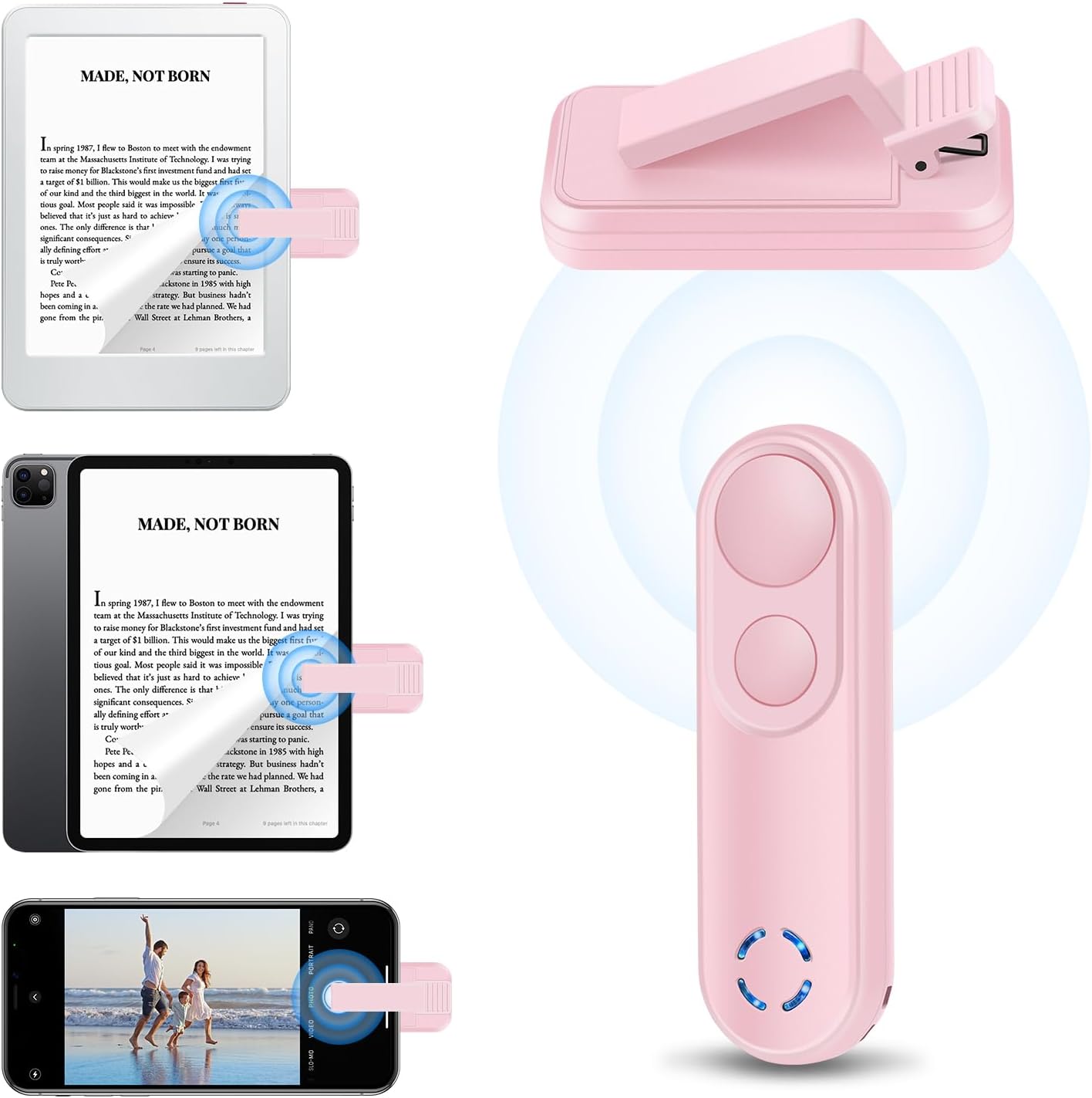 LANGREE Remote Page Turner for Kindle Paperwhite Oasis Kobo eReaders, Kindle Accessories, Page Turner Clicker for ipad Tablets Phone Reading Novels Taking Photos, Kindle Remote with Power Display Pink