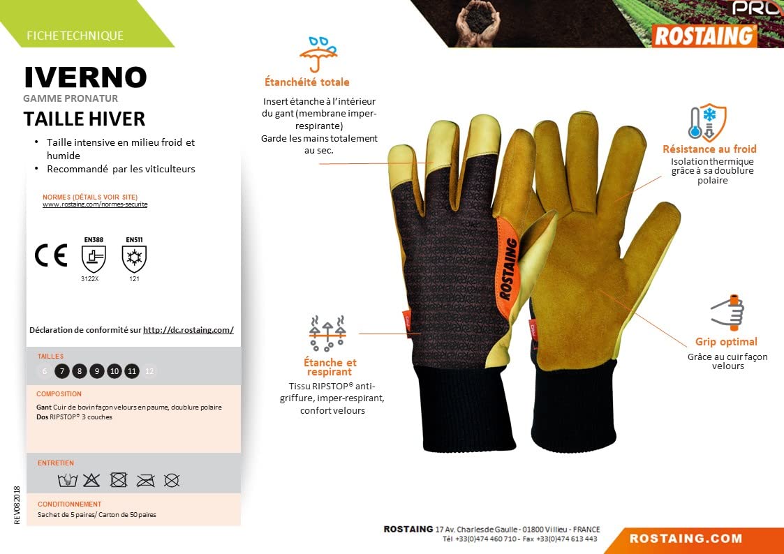 ROSTAING Gants IVERNO - Paire de Gants Pour la Taille Intensive En Milieu Froid & Humide - Recommandé Par Les Viticulteurs Pour Tout Les Travaux D'Hiver - Cuir Traité Hydrofuge & Tanné en France
