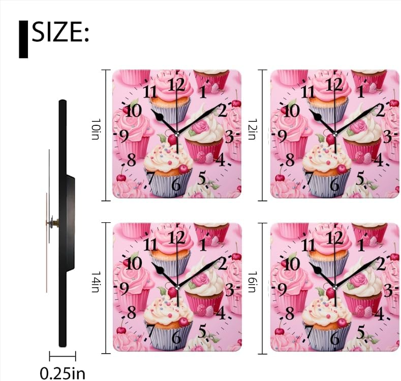 Battery Operated Wall Clocks Seamless Pattern of Cupcakes with Pink Frosting and White Sprinkles Silent Non-Ticking Decor Clock with Photo for Bathroom,Office(12inch)
