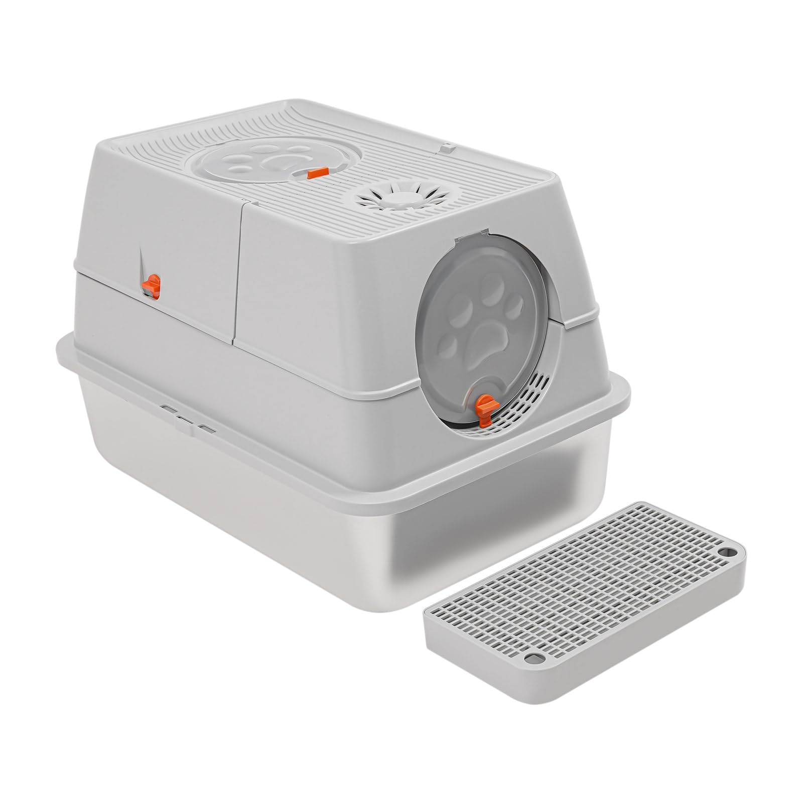 WooDerson Inodoro para gatos con tapa, caja de arena con pala para gatos de hasta 10 kg, control de olores, recipiente cerrado para arena para gatos, incluye alfombrilla (gris claro)