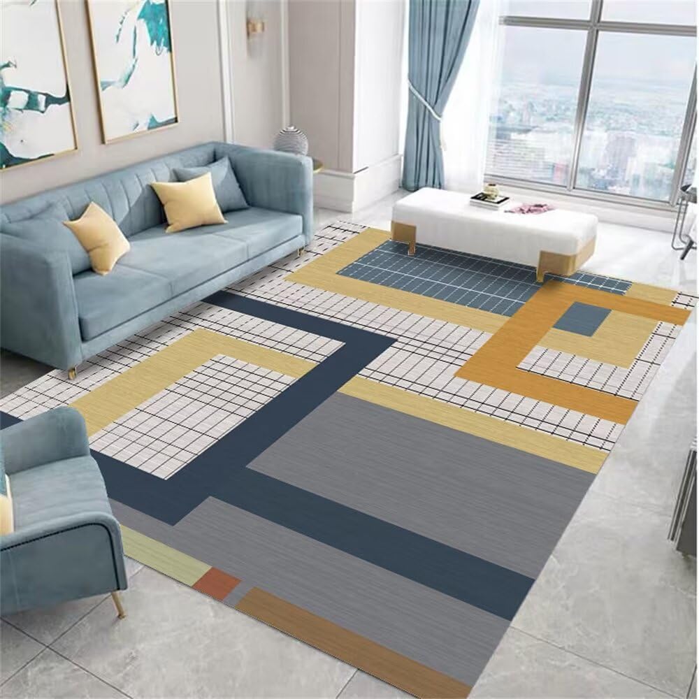 Tapis pour salon facile d'entretien motifs géométriques gris-bleu 90x150 cm