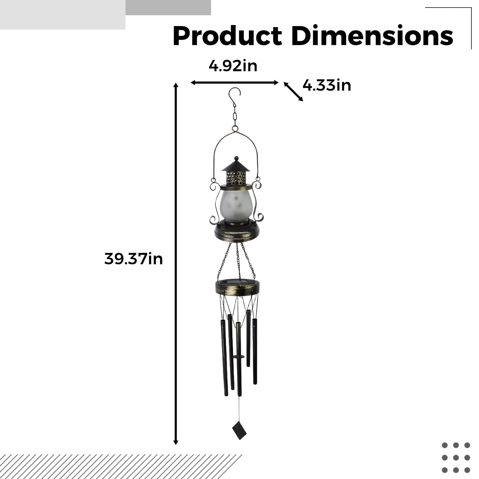 Lanterne solaire à carillon éolien, lampe solaire d'extérieur de 100,1 cm, lampe à huile avec abat-jour creux sculpté, lanterne d'art en fer forgé à suspendre étanche pour décoration de jardin et de