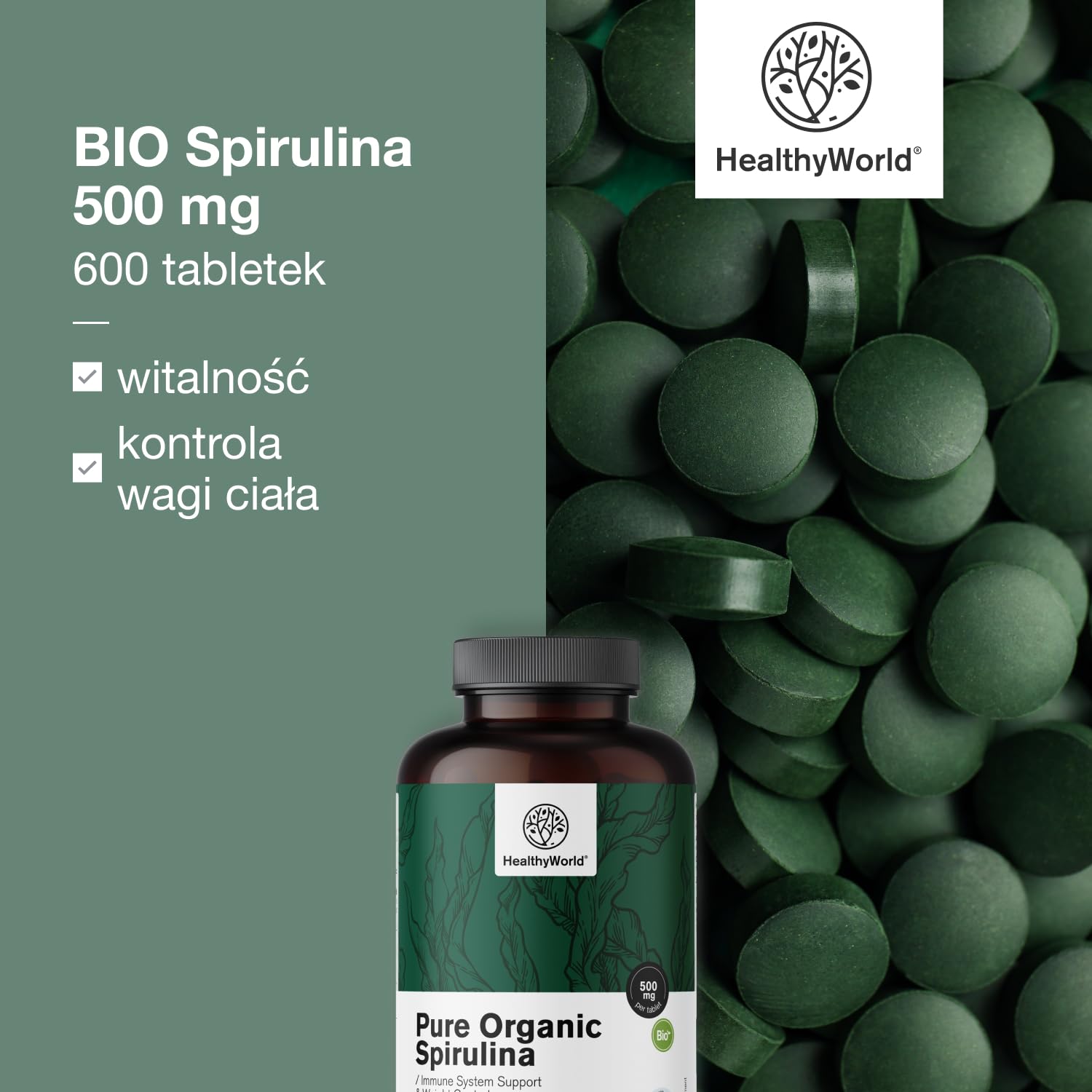 HealthyWorld BIO Spirulina 500 mg - 600 Tabletek - 100% Naturalne Składniki - 4000 mg na Dzienną Porcję - Bez GMO - Na ponad 2 Miesiące - Regulacja Masy Ciała