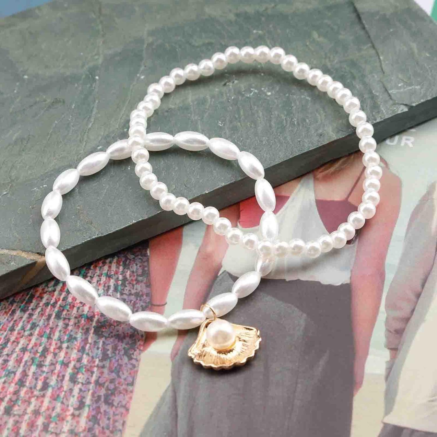 Bohemian Layered Pearl Anklet Gold Scallop Dangle Ankle Bracelet Oval Pearl Chain Anklet Adjustable Cowrie Anklets Summer Beach Foot Chain Jewelry for Women - Image 2