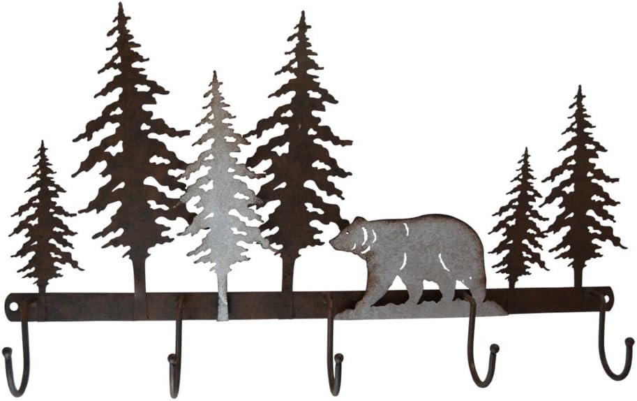 Pine Ridge Wall Art with 5 Hanging Hooks Bear Metal Home Decor - Western Decorative Metal Heavy Duty Wall Mount Hooks for Home, Kitchen and Bathroom