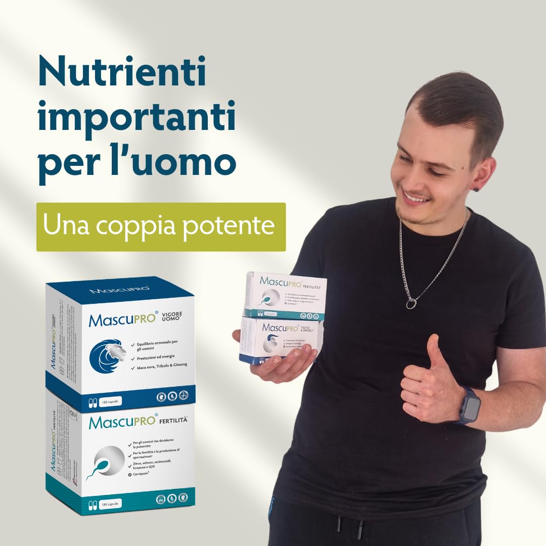 MascuPRO® Vigore Uomo Maca Nera - Estratto di Maca 20:1 con Tribulus terrestris, Cordyceps, Fieno greco, Zinco, Ginseng | Energia ed prestazioni | 180 capsule