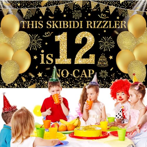 Image of Black Gold This Skibidi Rizzler is 12 No Cap Happy Birthday Backdrop Banner Photography Background Decorations for Boys Girls 12th Year Bday Party Accessories Supplies 72.8 * 43.3in
