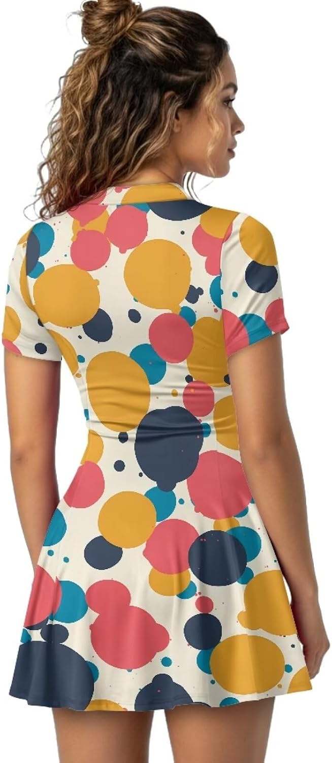 Irisjudy Women Tennis Dresses Sugar Skull Zip Front Golf Dress with Shorts and Pockets Flower Bird Workout Athletic Dresses