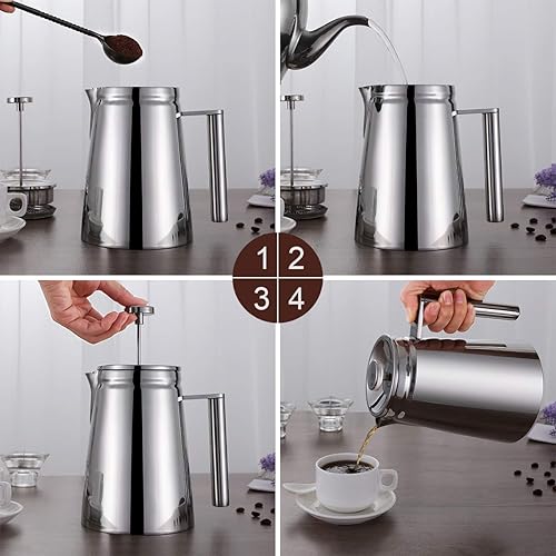 Miniatura 3 de Meelio Cafetera pequeña de prensa francesa, prensa francesa con aislamiento de doble pared, acero inoxidable, incluye 4 fliters adicionales (27.1 fl