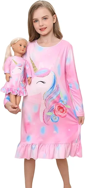Bow Dream Toddler Girls Casual Dress and Matching American Girl Doll Clothes for Girls Cute Cartoon Kids Dress Party Birthday