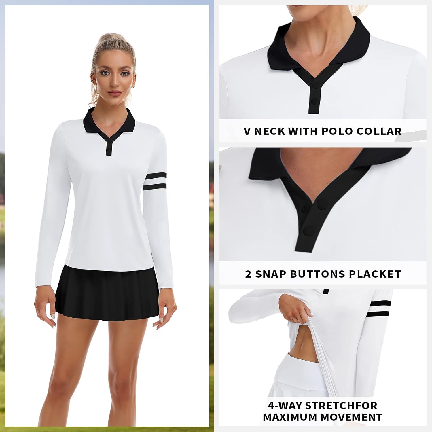 Soneven Womens Golf Shirts Moisture Wicking V Neck Long Sleeve Polo Shirts Collared Tops