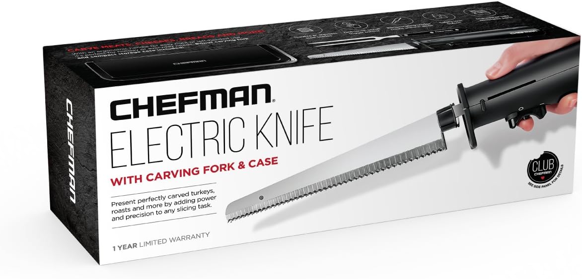 Chefman Electric Knife with Bonus Carving Fork & Space Saving Storage Case Included One Touch, Durable 8 Inch Stainless Steel Blades, Rubberized Black Handle, BPA Free, 120 Volts and Watts: Home & Kitchen