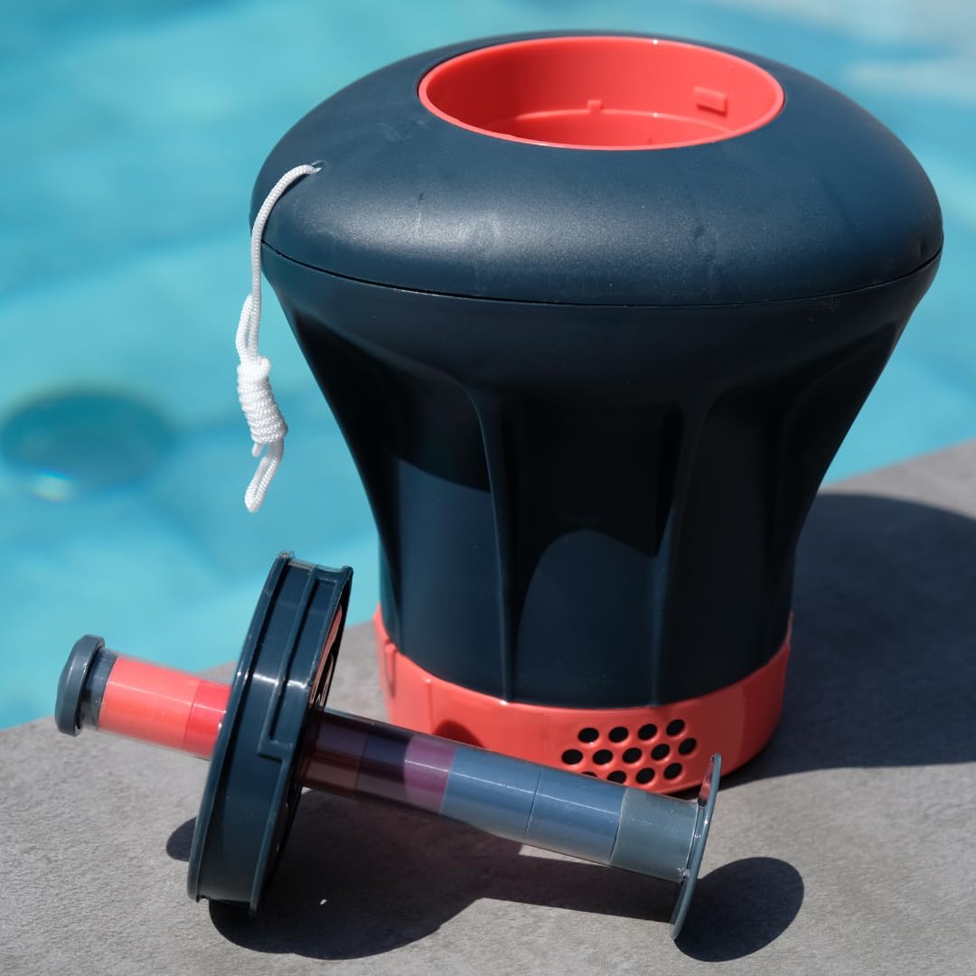 poolomio Doseur Flottant pour tablettes de Chlore 200 g - Doseur de Chlore avec indicateur de Charge intégré et Ouverture de Dosage réglable - Flotteur de Chlore pour désinfection Automatique de