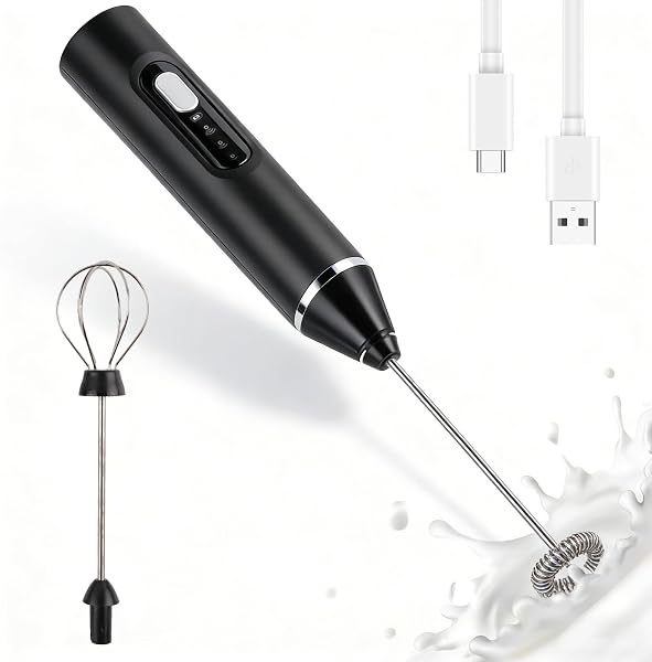 Mousseur à Lait Électrique, USB Rechargeable Mousseur a Lait,Mousseur à Lait en Acier Inoxydable, 2 Vitesses Petit Mixeur pour Café avec 2 têtes Mini Fouet Matcha, Latte, Cappuccino, Matcha - 1